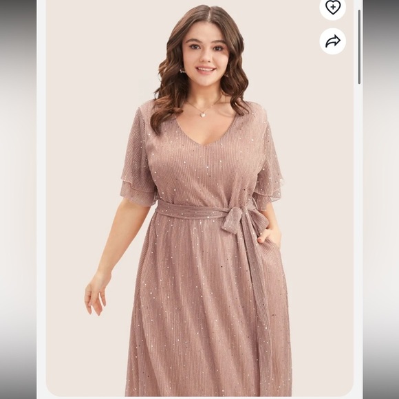 BloomChic Plus Size 4XL Plain V Neck Mesh Pocket Ruffle Tiered Belted Midi Dress - Picture 5 of 6